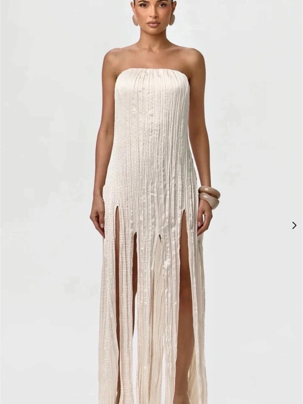 Strapless Fringe Maxi Dress in White Like New